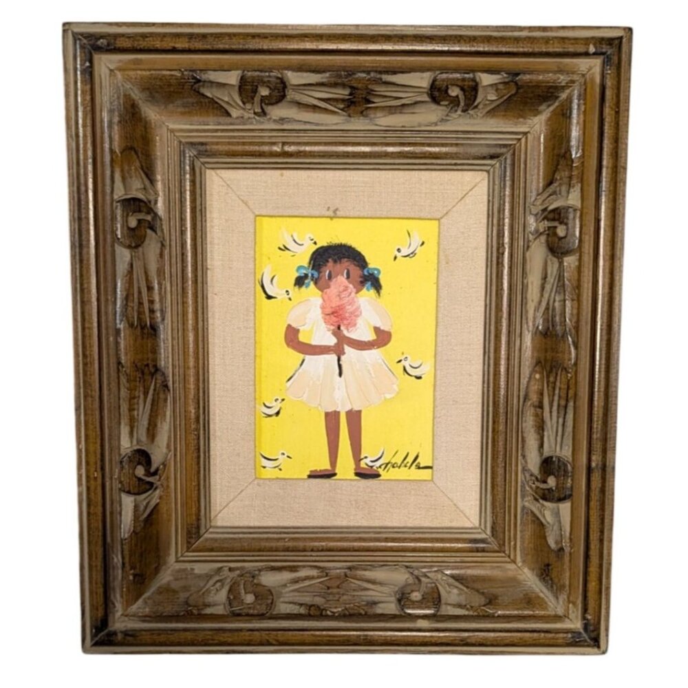Signed "Chabela" Oil on Board Painting Girl with snack Ornate Wood Frame